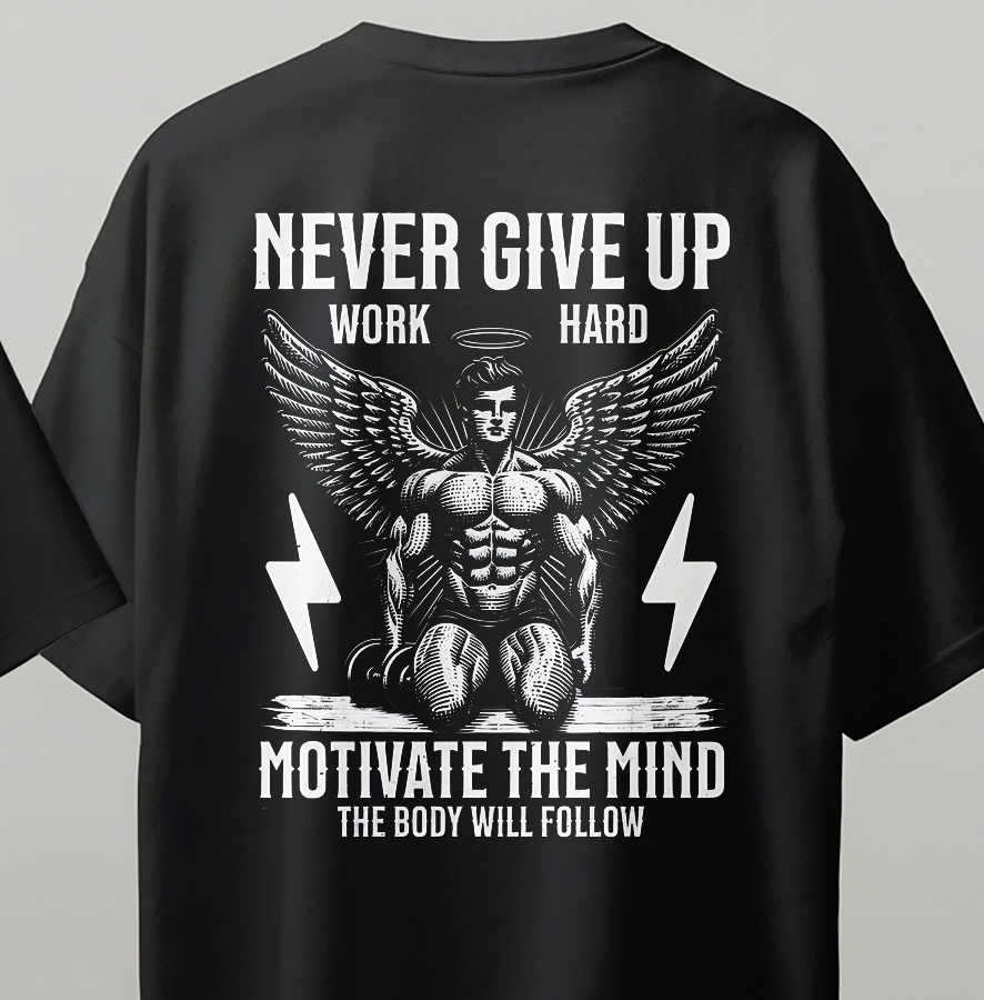 Never Give Up Oversize Kısa Kollu Baskılı Tişört